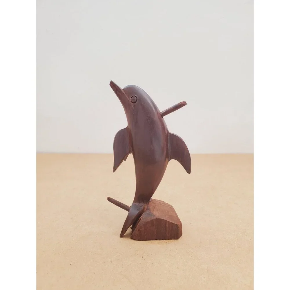 Vintage Hardwood Dolphin Statue Wood Carving, Rustic Nautical Beach Home Decor - Picture 6 of 15